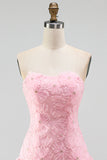 Pink Beaded A Line Strapless Short Homecoming Dress