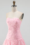 Pink Beaded A Line Strapless Short Homecoming Dress