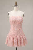 Pink Beaded A Line Strapless Short Homecoming Dress