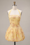 Yellow Halter Corset A Line Embroidered Short Homecoming Dress