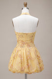 Yellow Halter Corset A Line Embroidered Short Homecoming Dress