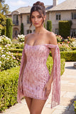 Sparkly Champagne Off the Shoulder Bodycon Homecoming Dress