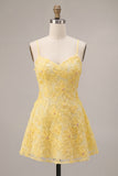 Yellow Floral Beaded A Line Short Homecoming Dress