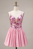 Pink Floral A Line Sequin Short Homecoming Dress