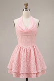 Halter A Line Jacquard Corset Pink Homecoming Dress