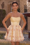 Light Yellow Strapless Floral A Line Short Homecoming Dress