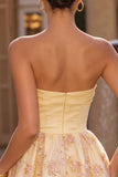 Light Yellow Strapless Floral A Line Short Homecoming Dress
