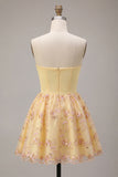 Light Yellow Strapless Floral A Line Short Homecoming Dress