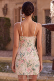 White Pink Flower Bodycon Fringed Sequin Homecoming Dress with Scarf