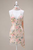 White Pink Flower Bodycon Fringed Sequin Homecoming Dress with Scarf