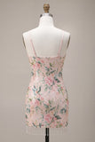 White Pink Flower Bodycon Fringed Sequin Homecoming Dress with Scarf