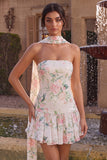 Sequin White Pink Flower Strapless A Line Homecoming Dress with Scarf