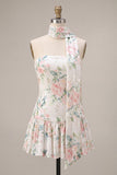 Sequin White Pink Flower Strapless A Line Homecoming Dress with Scarf
