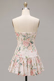 Sequin White Pink Flower Strapless A Line Homecoming Dress with Scarf