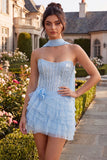 Strapless Sky Blue Corset Tiered Ruffle Sequin Short Homecoming Dress
