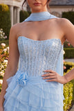 Strapless Sky Blue Corset Tiered Ruffle Sequin Short Homecoming Dress