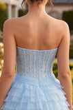Strapless Sky Blue Corset Tiered Ruffle Sequin Short Homecoming Dress