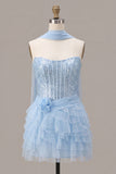 Strapless Sky Blue Corset Tiered Ruffle Sequin Short Homecoming Dress