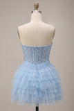 Strapless Sky Blue Corset Tiered Ruffle Sequin Short Homecoming Dress