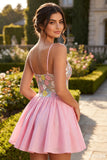 Sparkly Pink Floral A Line Short Homecoming Dress