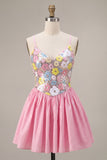 Sparkly Pink Floral A Line Short Homecoming Dress