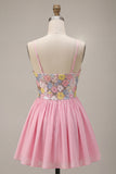 Sparkly Pink Floral A Line Short Homecoming Dress