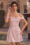 Sparkly Pink Off the Shoulder A Line Homecoming Dress