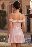 Sparkly Pink Off the Shoulder A Line Homecoming Dress