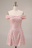 Sparkly Pink Off the Shoulder A Line Homecoming Dress