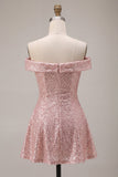 Sparkly Pink Off the Shoulder A Line Homecoming Dress