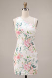 White Pink Flower Bodycon Sequin Homecoming Dress