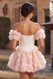 White and Pink A Line 3D Flower Off the Shoulder Corset Homecoming Dress