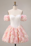 White and Pink A Line 3D Flower Off the Shoulder Corset Homecoming Dress