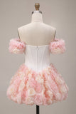 White and Pink A Line 3D Flower Off the Shoulder Corset Homecoming Dress