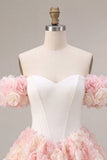 White and Pink A Line 3D Flower Off the Shoulder Corset Homecoming Dress
