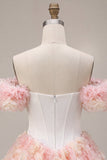 White and Pink A Line 3D Flower Off the Shoulder Corset Homecoming Dress