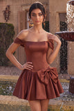 Off the Shoulder Terracotta A Line Satin Homecoming Dress with Bow