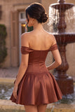 Off the Shoulder Terracotta A Line Satin Homecoming Dress with Bow