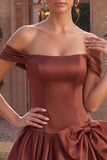 Off the Shoulder Terracotta A Line Satin Homecoming Dress with Bow