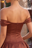 Off the Shoulder Terracotta A Line Satin Homecoming Dress with Bow