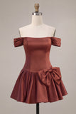 Off the Shoulder Terracotta A Line Satin Homecoming Dress with Bow