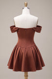 Off the Shoulder Terracotta A Line Satin Homecoming Dress with Bow