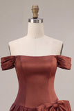 Off the Shoulder Terracotta A Line Satin Homecoming Dress with Bow