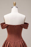 Off the Shoulder Terracotta A Line Satin Homecoming Dress with Bow