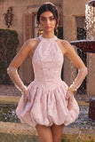 Pink Halter A Line 3D Floral Beaded Corset Homecoming Dress