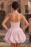 Pink Halter A Line 3D Floral Beaded Corset Homecoming Dress