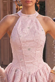 Pink Halter A Line 3D Floral Beaded Corset Homecoming Dress