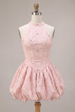 Pink Halter A Line 3D Floral Beaded Corset Homecoming Dress