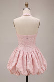 Pink Halter A Line 3D Floral Beaded Corset Homecoming Dress