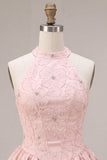 Pink Halter A Line 3D Floral Beaded Corset Homecoming Dress